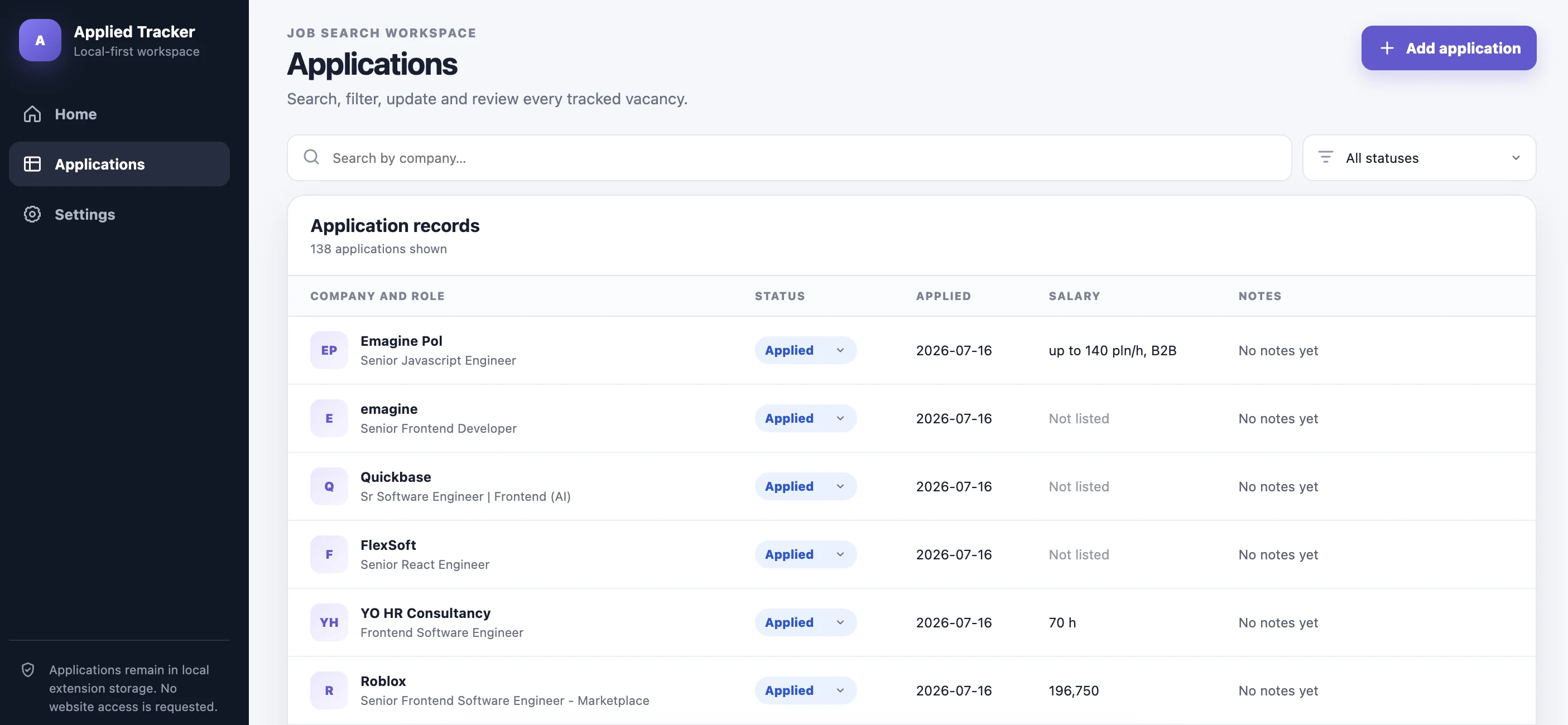 Applied Vacancies Tracker dashboard showing search, filtering, application records, and local-first workspace navigation